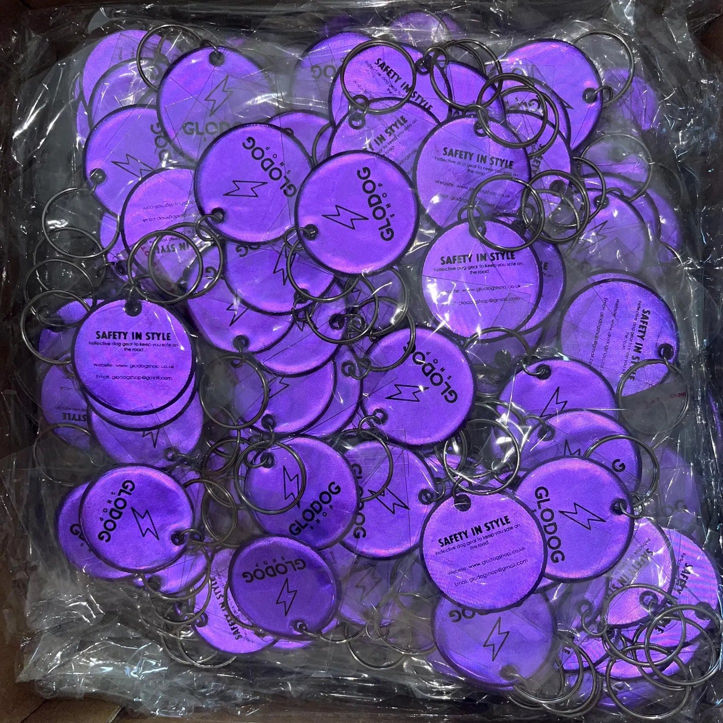 Purple Reflective Dog Tag Keychain – Glow-in-Dark Pet ID Charm, Clip-On Safety Tag for Dogs