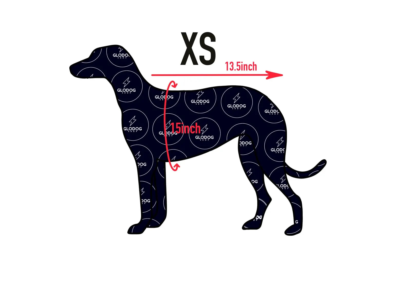 Dog silhouette with size measurement guide on a white background