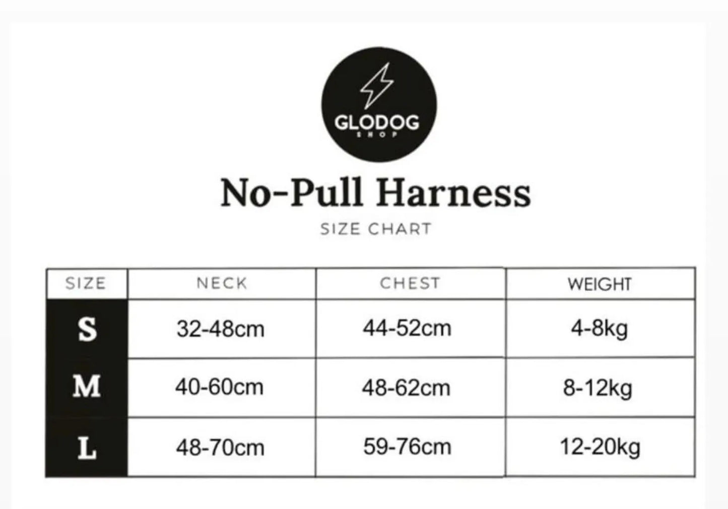 GloDog no-pull harness size chart on a white background
