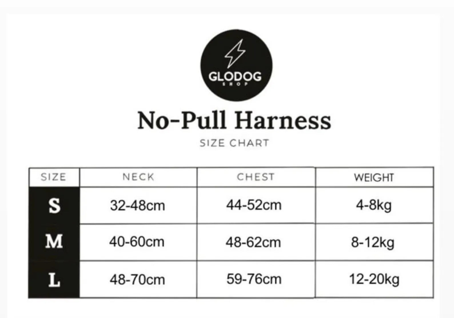 GloDog no-pull harness size chart on a white background