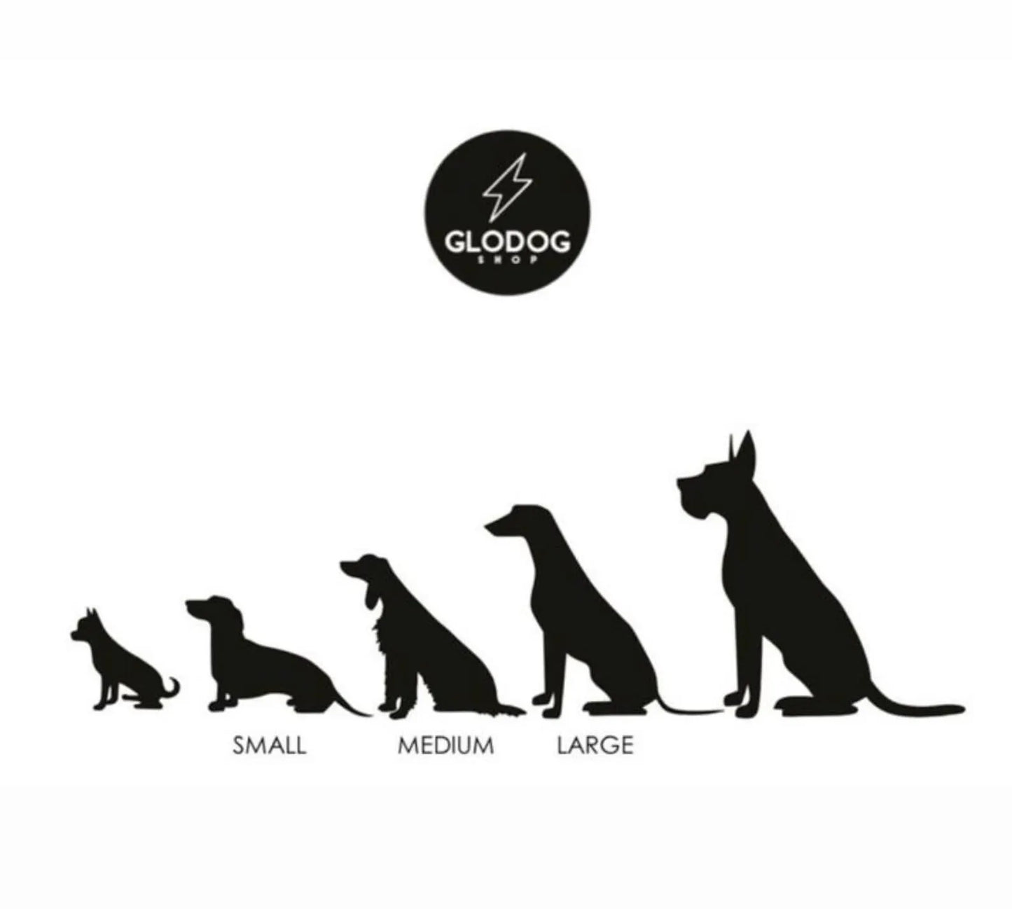 Silhouettes of dogs in different sizes with GLODOG logo above on a white background
