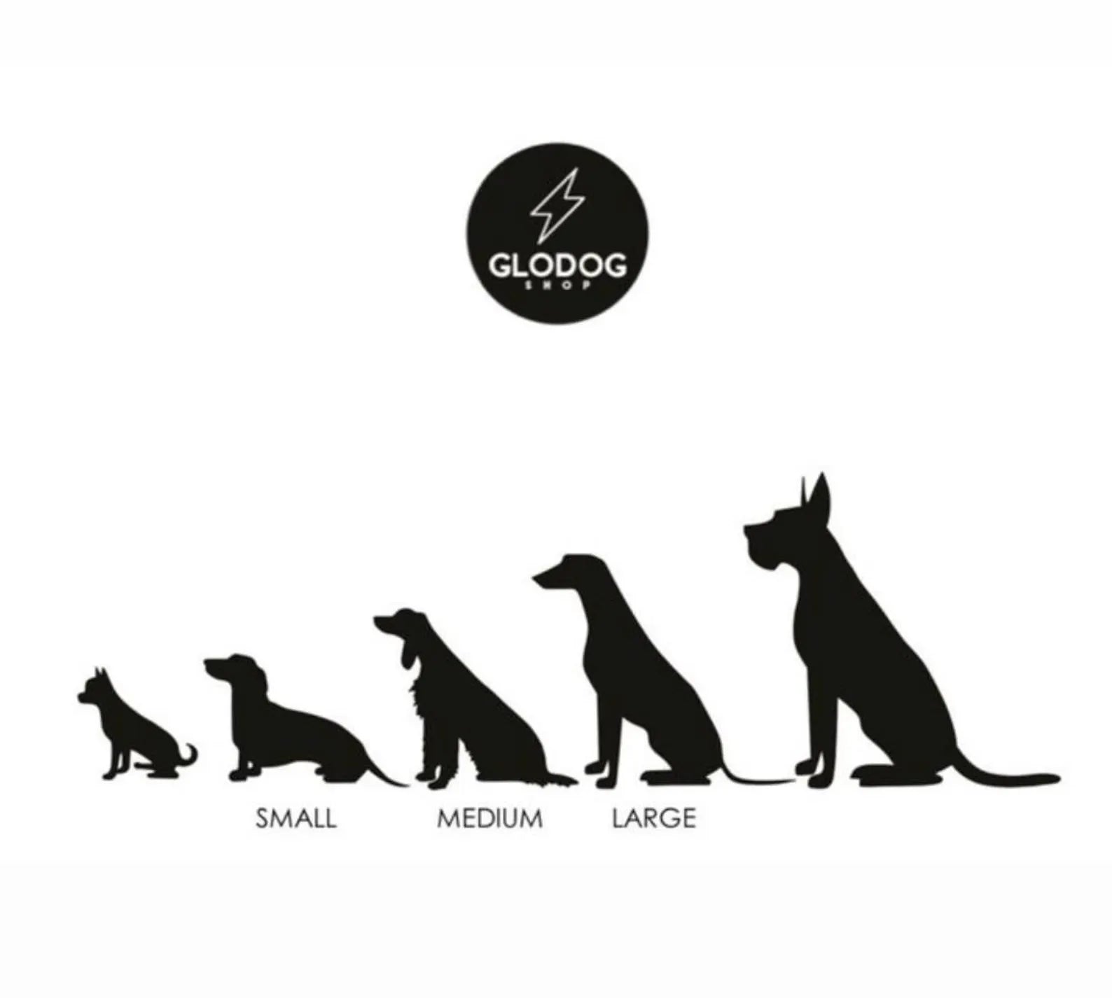 Silhouettes of dogs in different sizes with GLODOG logo above on a white background