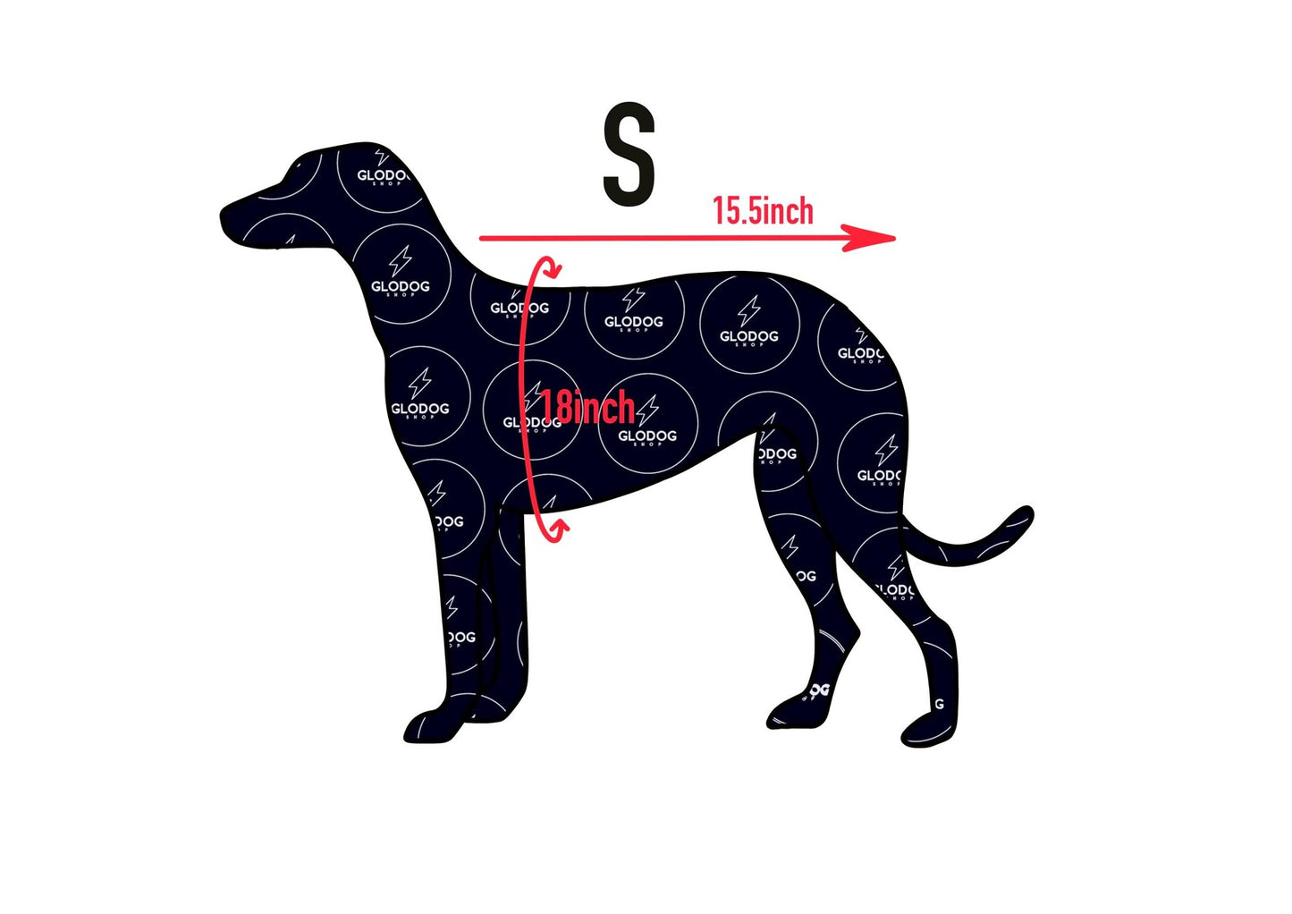 Measurement chart for dog coats with a black silhouette of a dog and measurements labeled.